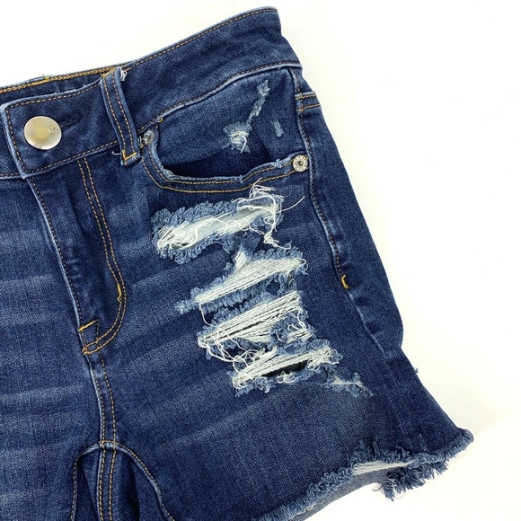 American Eagle Shortie Denim Shorts Blue Hi Rise Distressed AEO - Picture 4 of 8